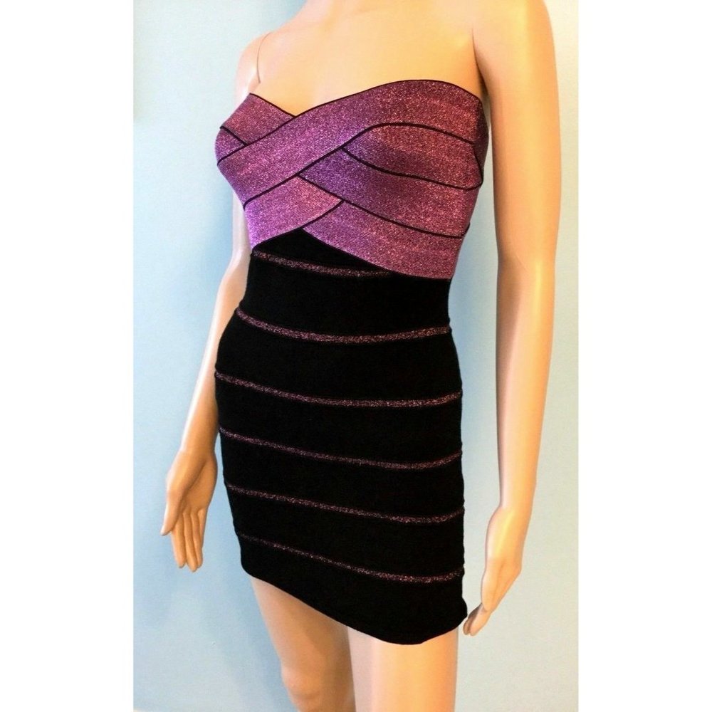 Hot Miami Style Women's Dress Strapless Mini Bodycon Stretch Black Purple Size S